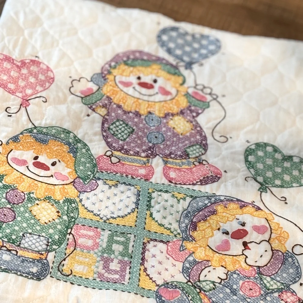 Vintage Clown Cross Stitched Baby Quilt. Blanket| Sweet Dreams |Pastel 39.5x28.5